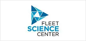 A blue and white logo of the fleet science center.
