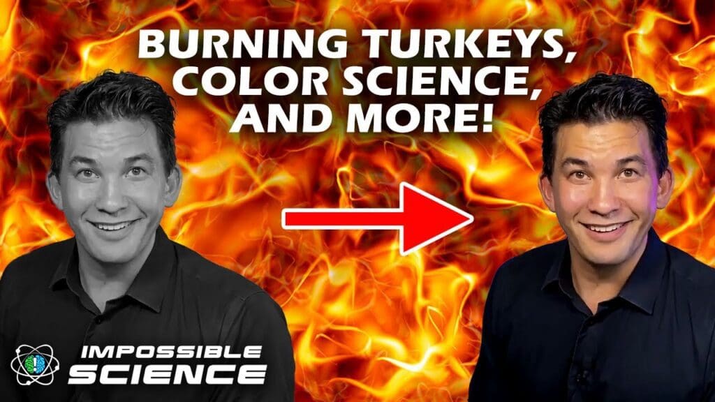 A man standing next to another man in front of flames.