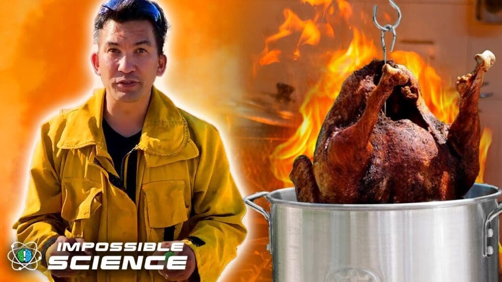 A man standing next to an open fire cooking turkey.